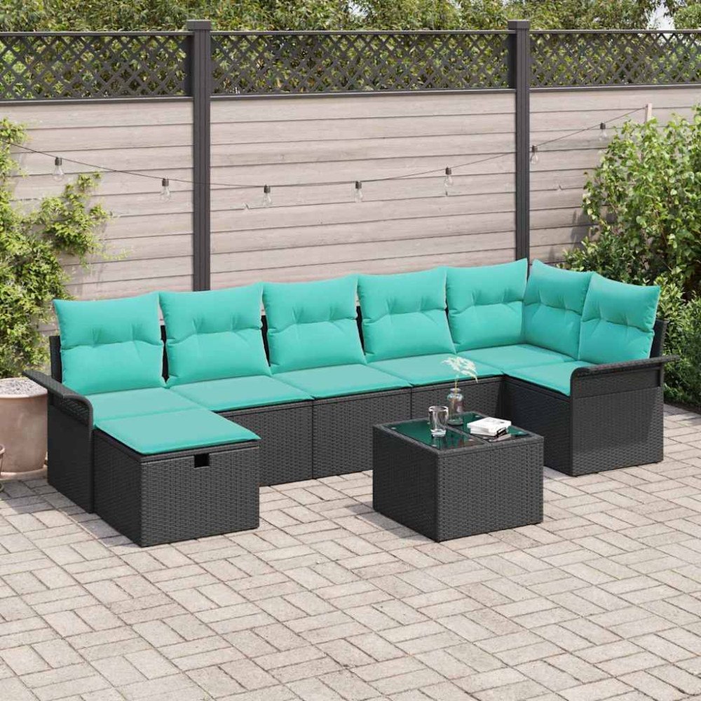 vidaXL Trädgårdsoffset med kudde med lagring 8 pcs Svart Poly rattan