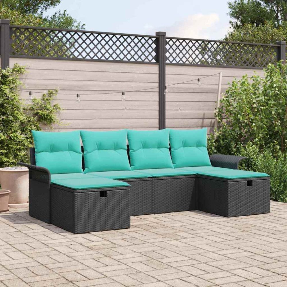 vidaXL Trädgårdsoffset med kudde med lagring 6 pcs Svart Poly rattan
