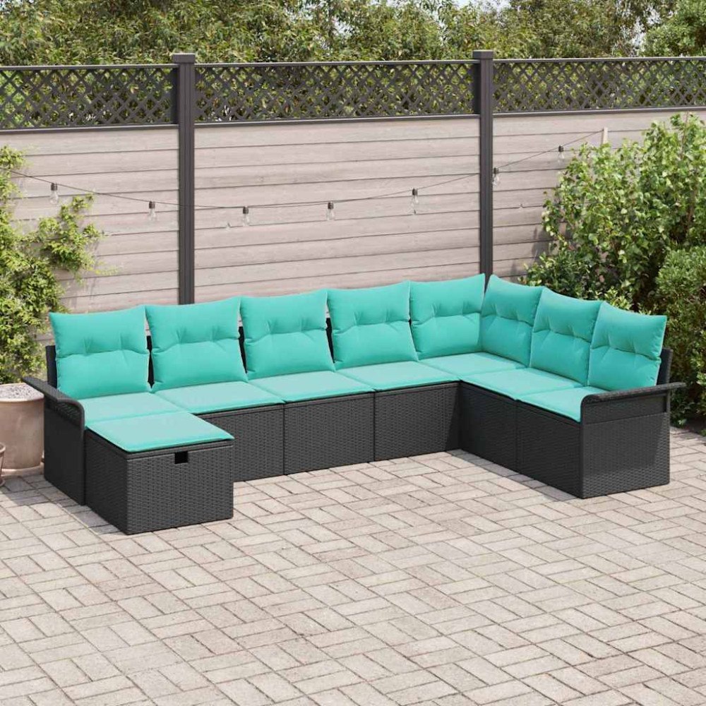 vidaXL Trädgårdsoffset med kudde med lagring 8 pcs Svart Poly rattan