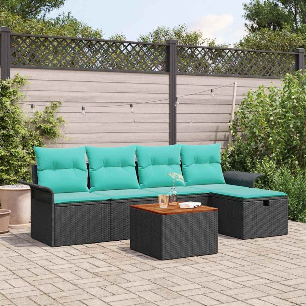 vidaXL Trädgårdsoffset med kudde med lagring 6 pcs Svart Poly rattan
