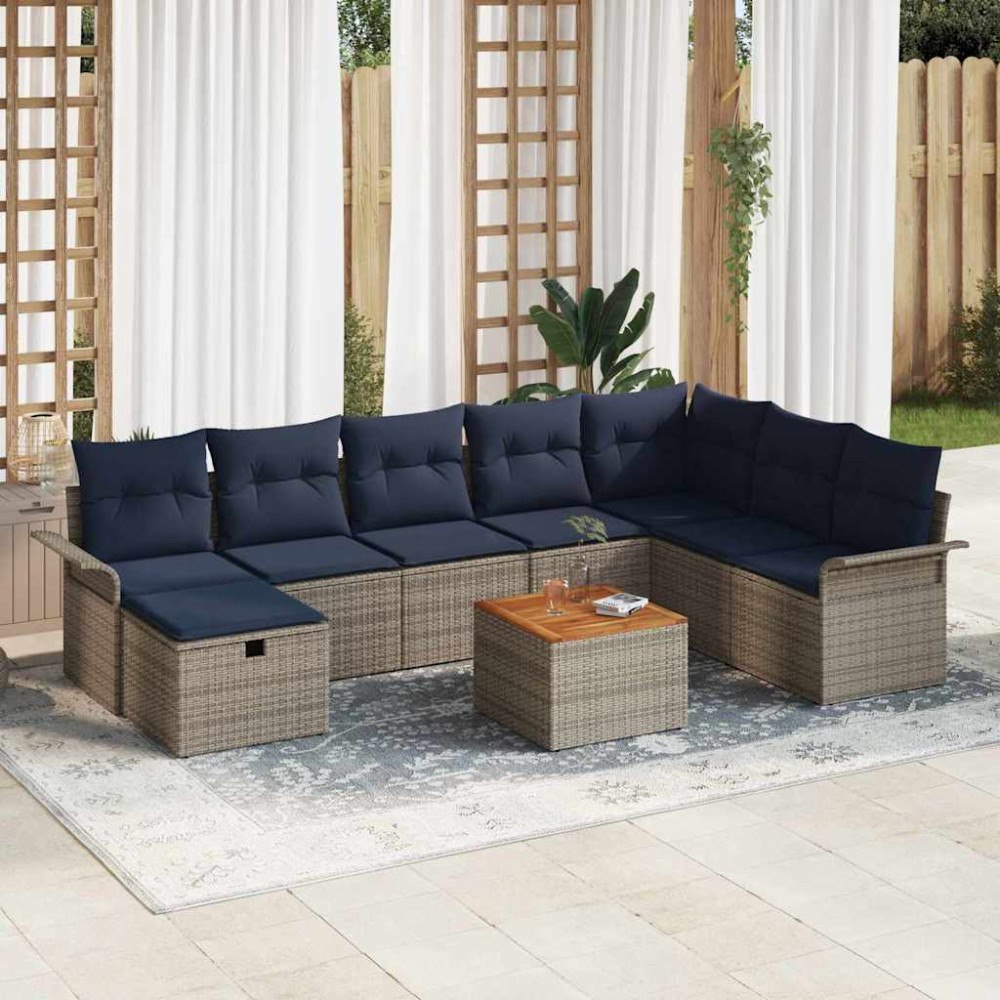 vidaXL Trädgårdsoffset med kudde med lagring 9 pcs Grå Poly rattan