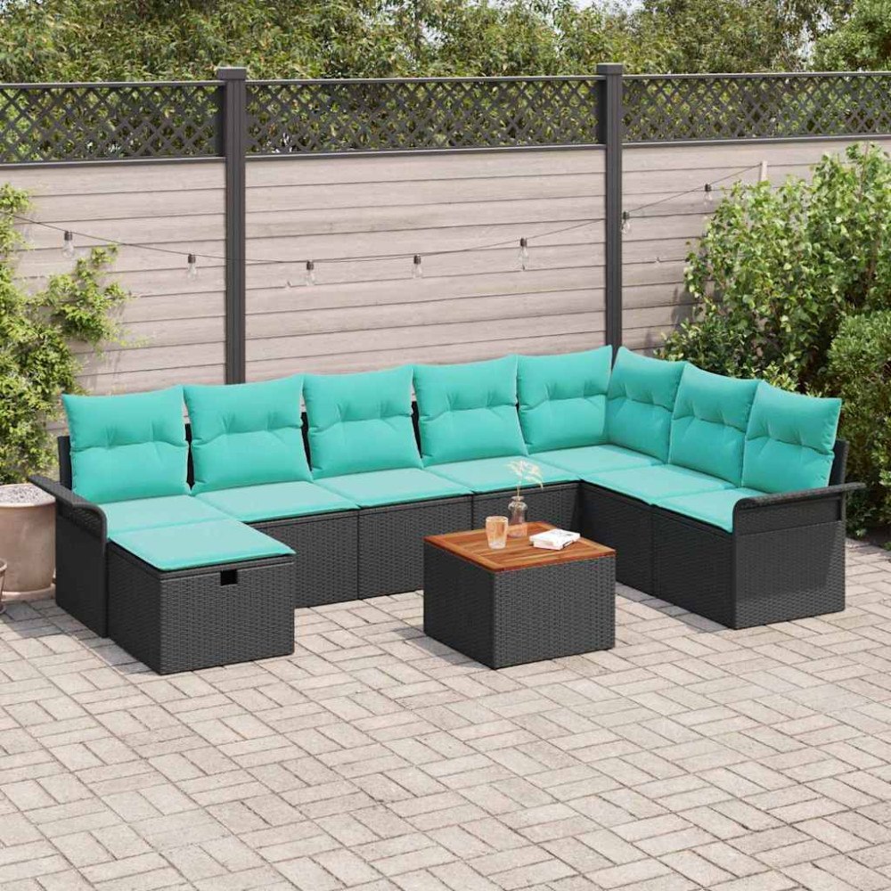 vidaXL Trädgårdsoffset med kudde med lagring 9 pcs Svart Poly rattan
