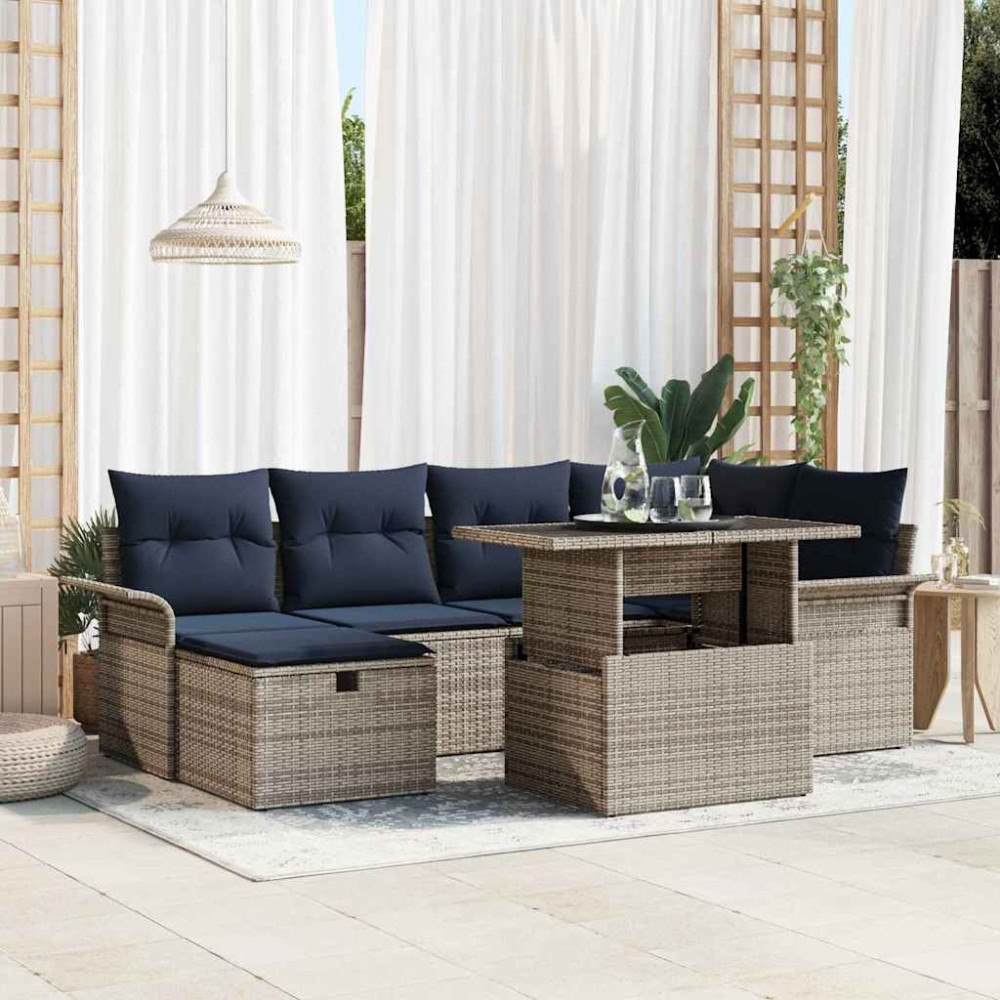 vidaXL Trädgårdsoffset med kudde med lagring 7 pcs Grå Poly rattan