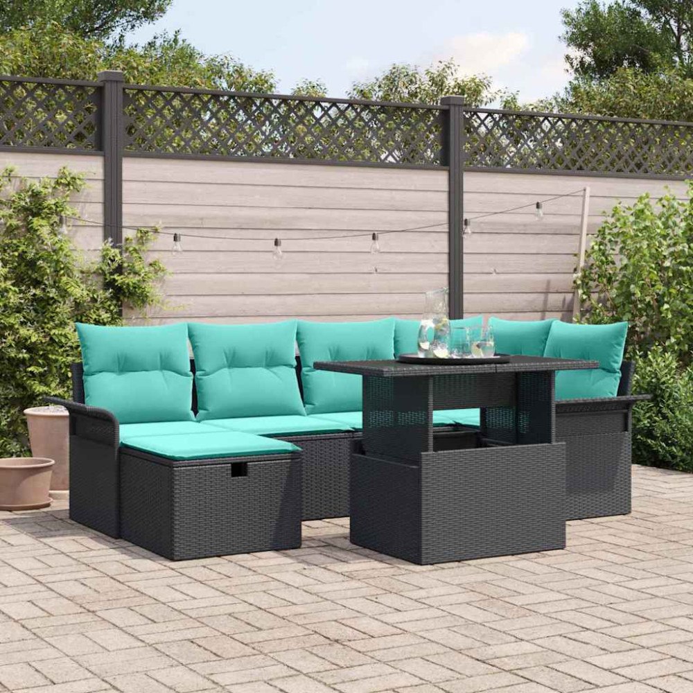 vidaXL Trädgårdsoffset med kudde med lagring 7 pcs Svart Poly rattan
