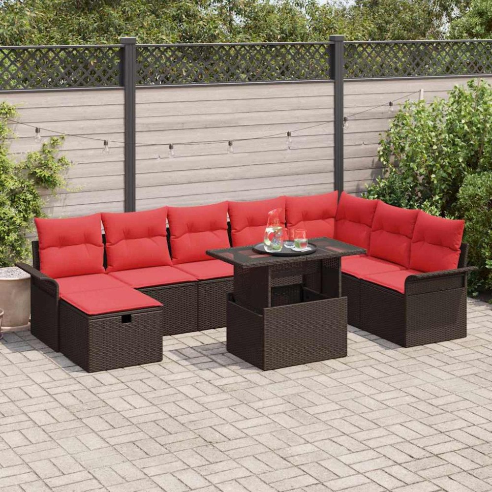 vidaXL Trädgårdsoffset med kudde med lagring 9 pcs Brun Poly rattan