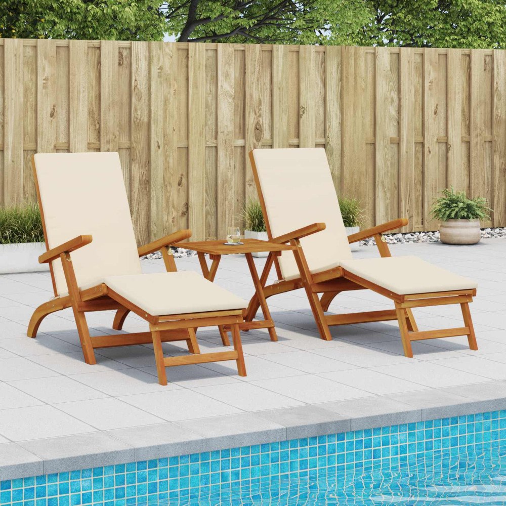vidaXL Reclining och Fällbar Solstol 3 pcs Gräddvit Massivt Akaciaträ