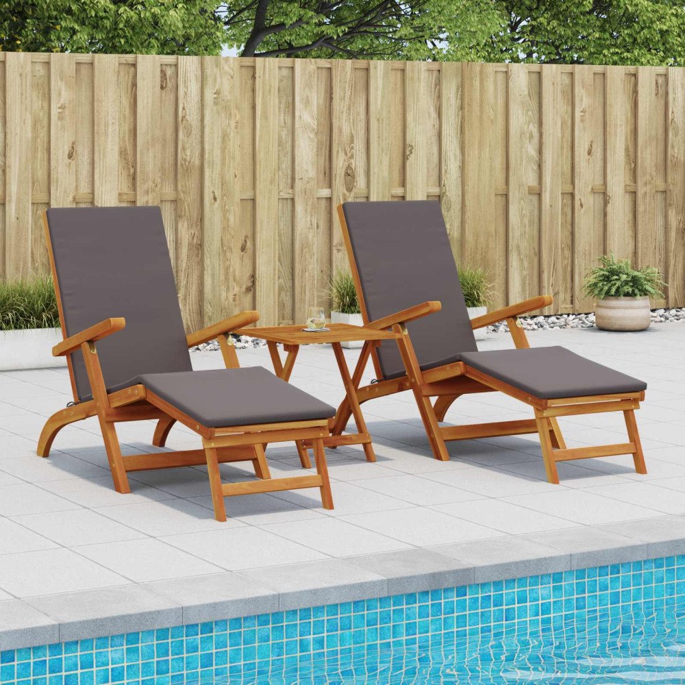 vidaXL Reclining och Fällbar Solstol 3 pcs Mörkgrå Massivt Akaciaträ