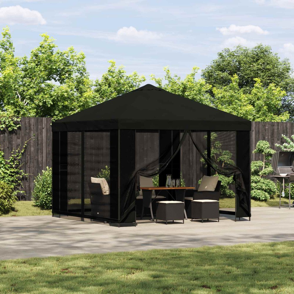 vidaXL Trädgårdsgazebo med sidoväggar 3 x 3 m Svart Polyester och Stål