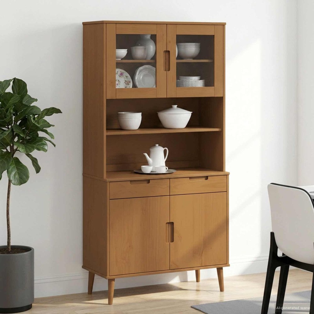 vidaXL Hutch Karamell 90 x 35 x 100 cm Massivt furu och härdat glas