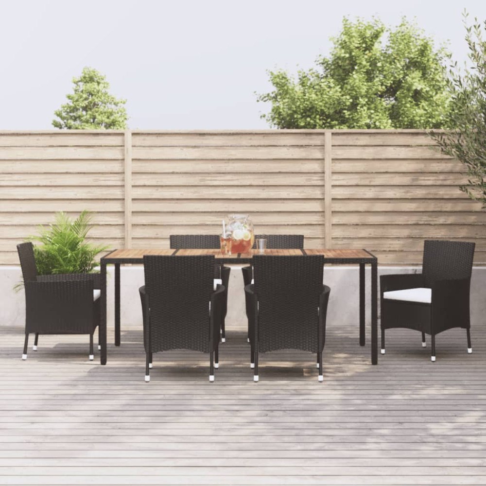 vidaXL Matgrupp för trädgården med dynor 7 delar svart konstrotting