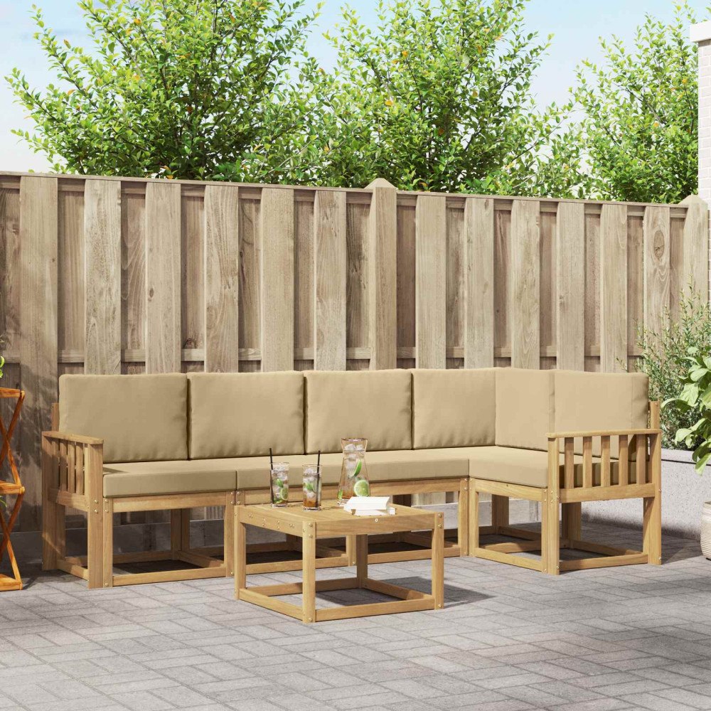 vidaXL Utomhussoffset med kudde 6 pcs Vit och Beige Massivt Akaciaträ