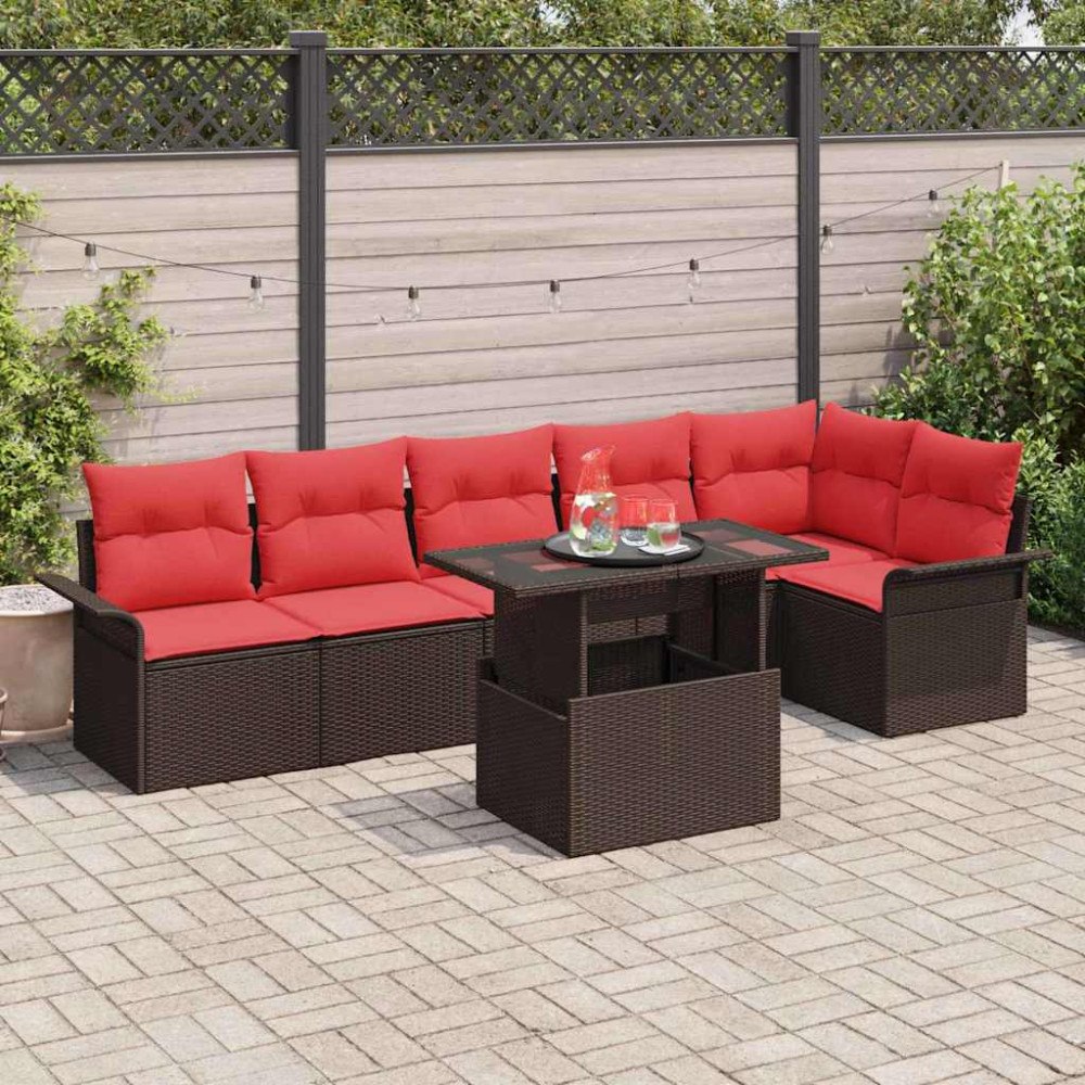 vidaXL Trädgårdsoffset med kudde 7 pcs Brun Poly rattan