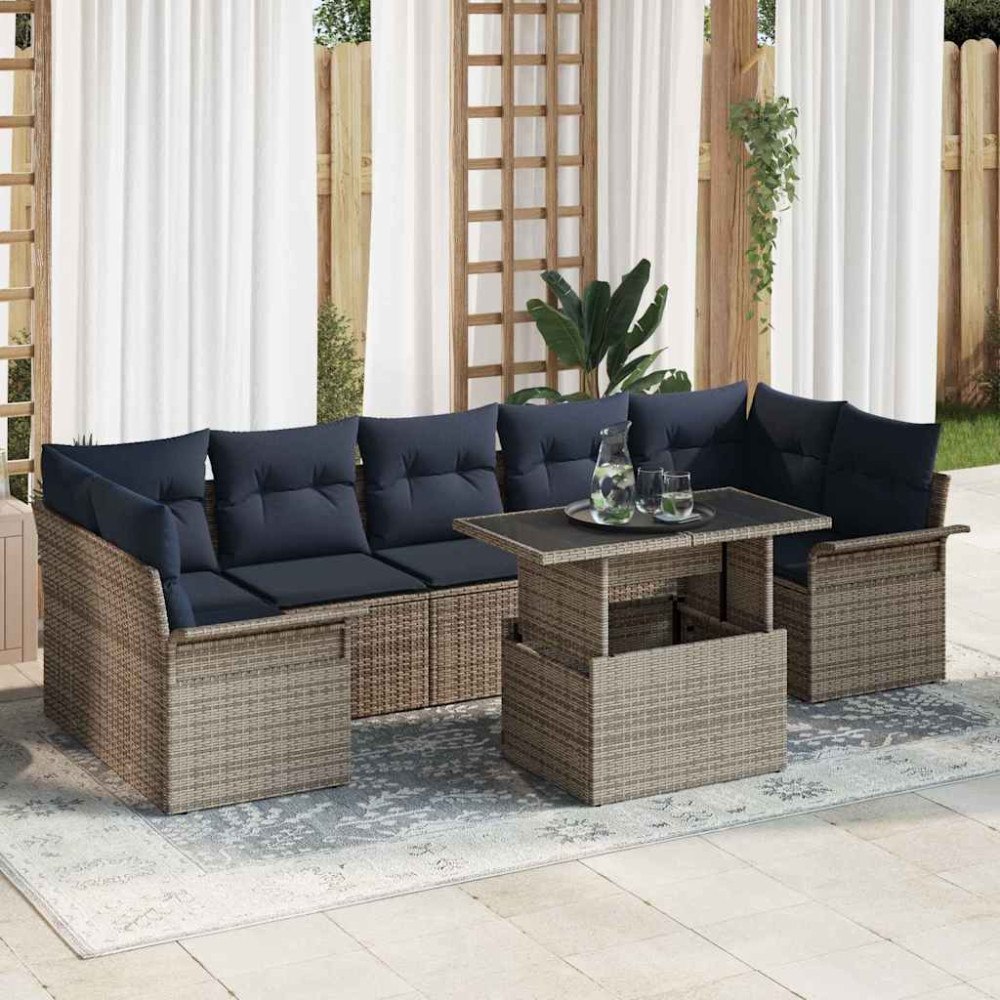 vidaXL Trädgårdsoffset med kudde med lagring 8 pcs Grå Poly Rattan