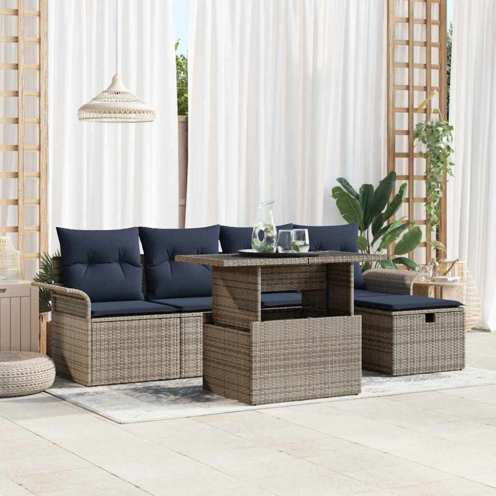 vidaXL Trädgårdsoffset med kudde med lagring 6 pcs Grå Poly rattan