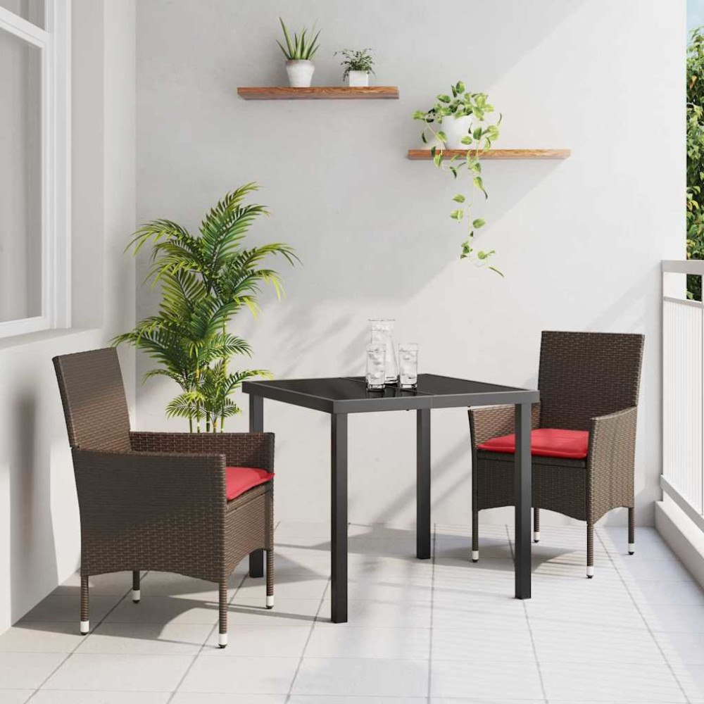 vidaXL Bord- och stolset med kudde 3 pcs Brun PE Rattan