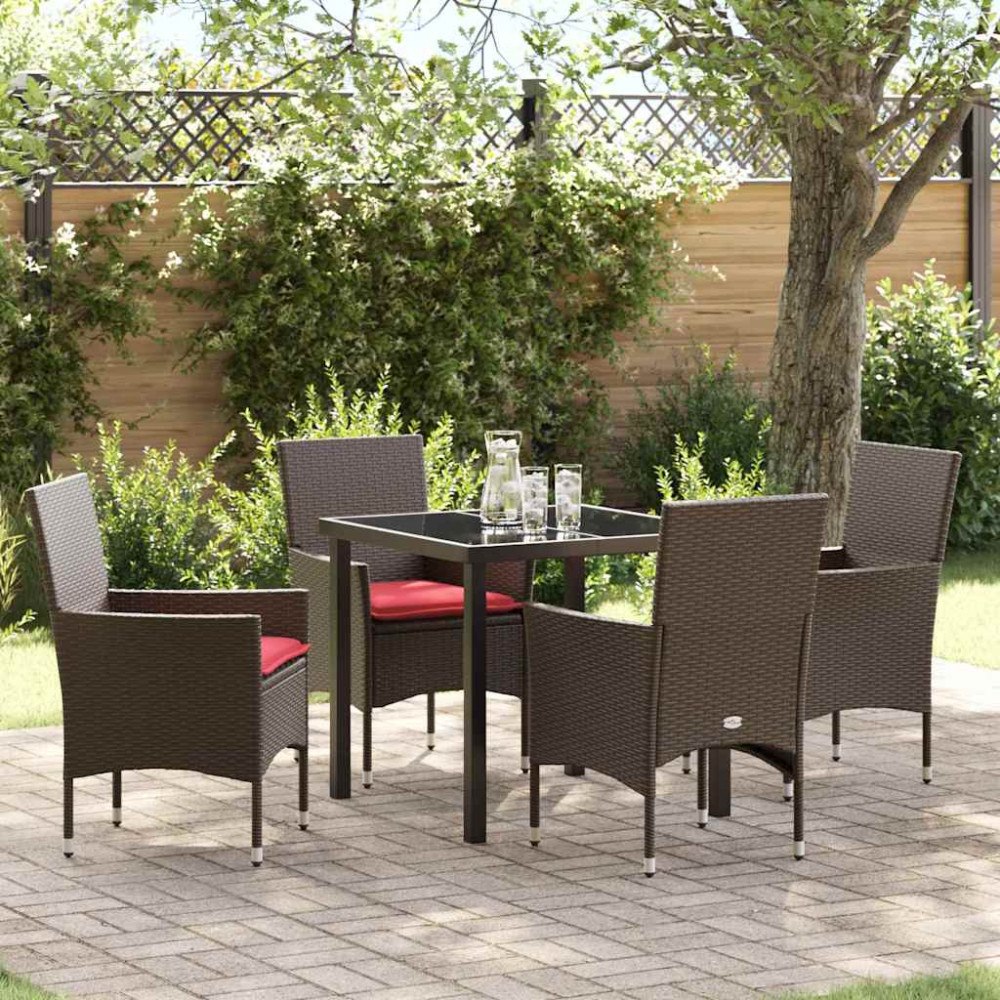 vidaXL Bord- och stolset med kudde 5 pcs Brun PE Rattan