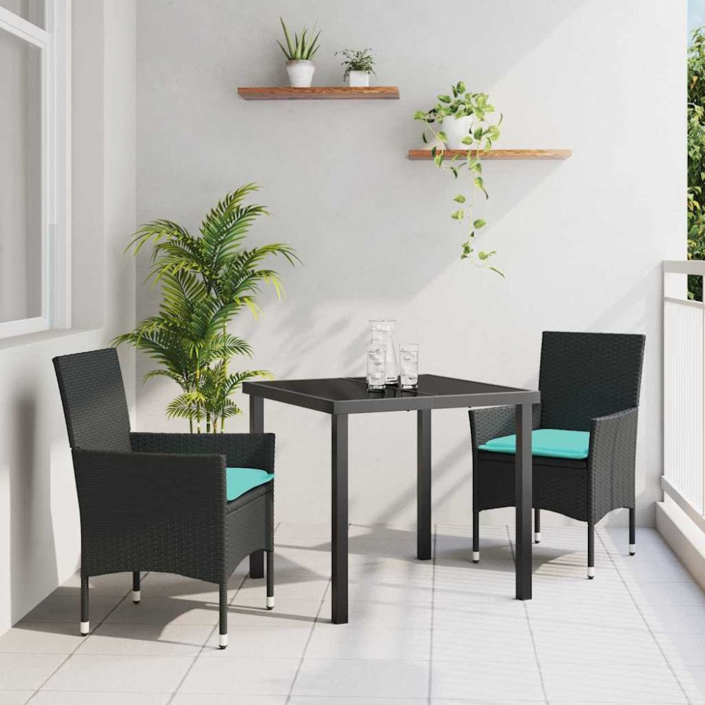 vidaXL Bord- och stolset med kudde 3 pcs Svart PE Rattan