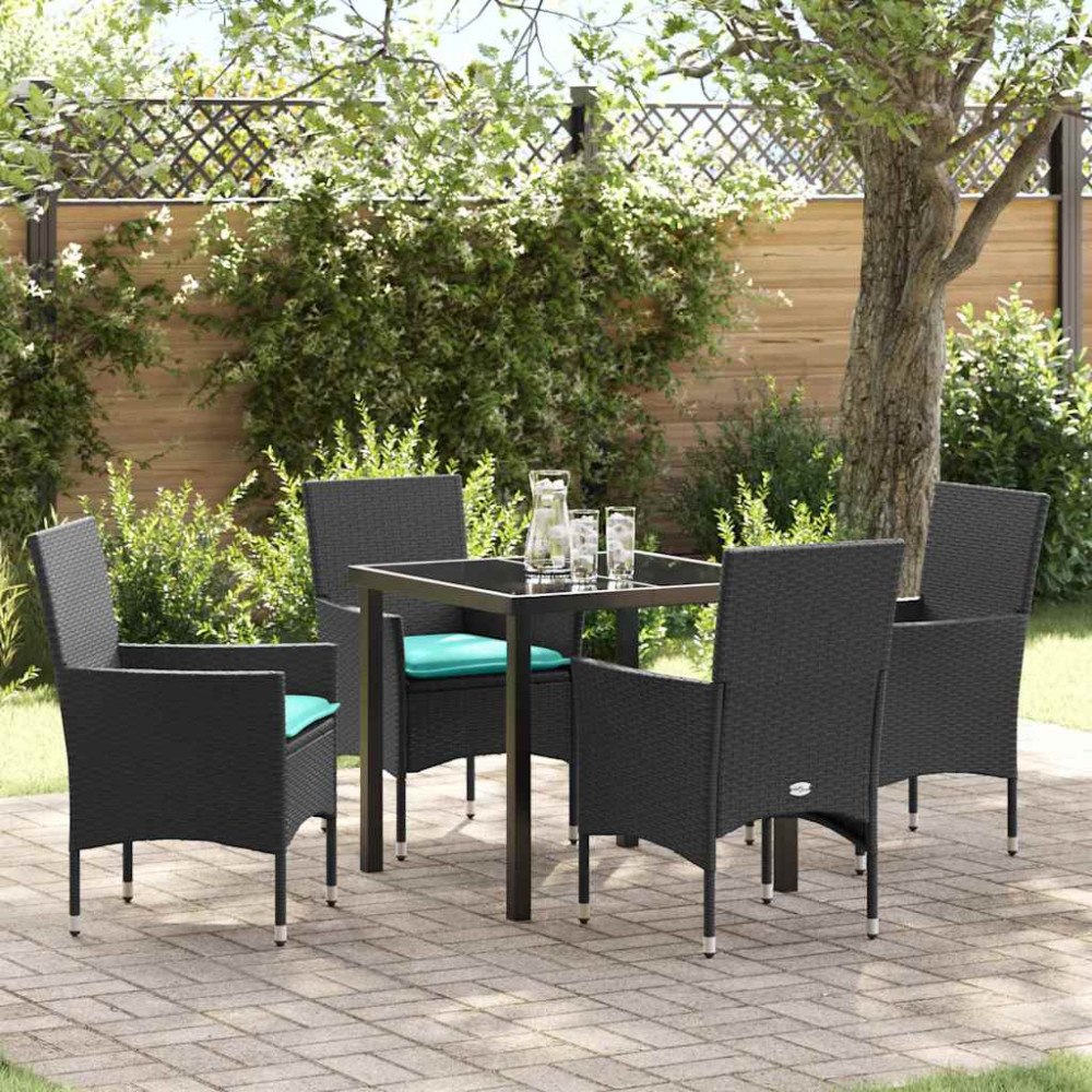 vidaXL Bord- och stolset med kudde 5 pcs Svart PE Rattan