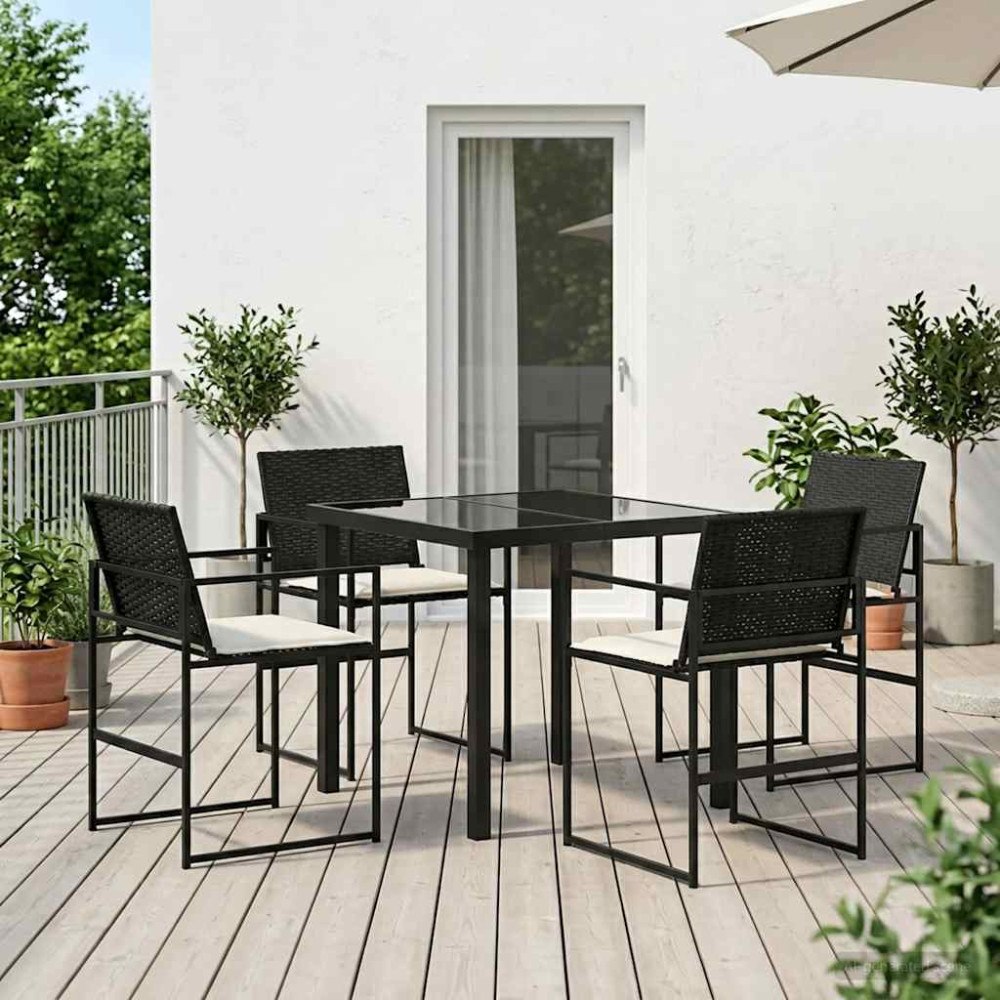 vidaXL Trädgårdsmöbelset med kudde 5 pcs Svart och kräm konstrotting