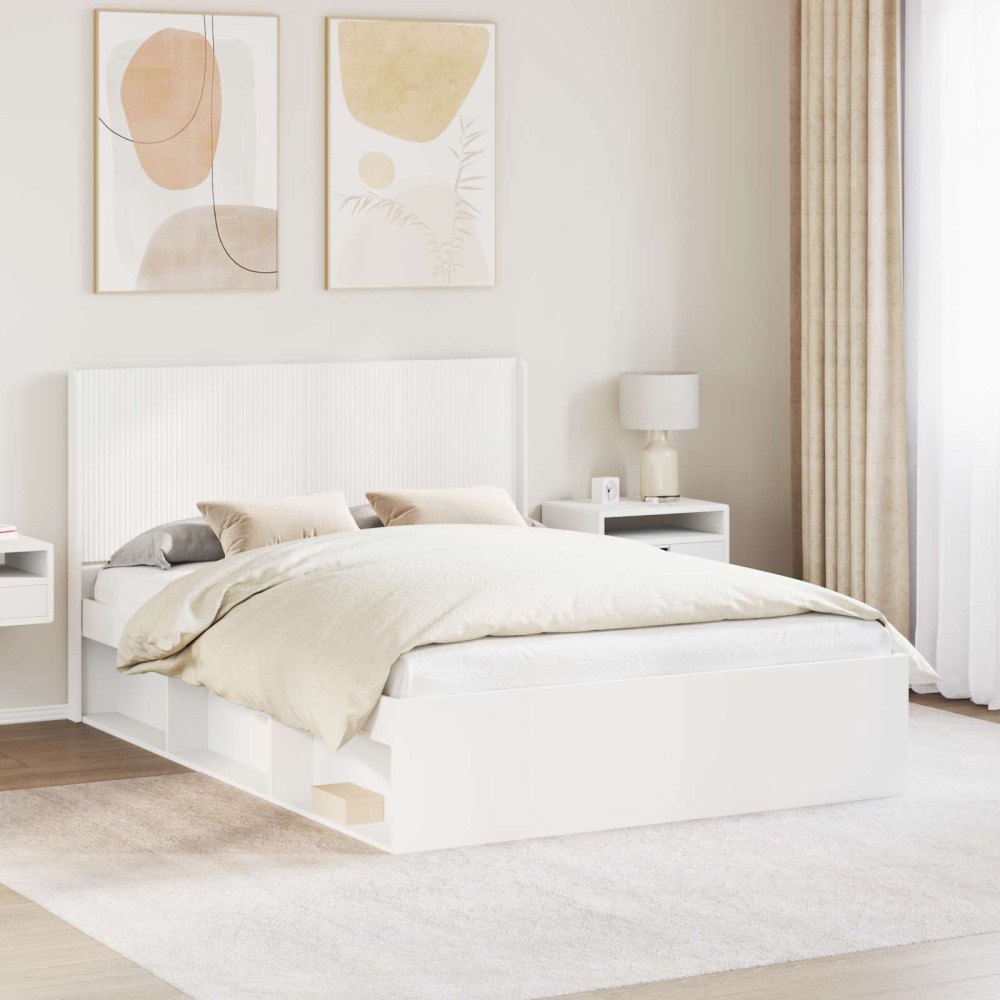 vidaXL Sängram med förvaring och huvudgavel Vit 150 x 200 cm