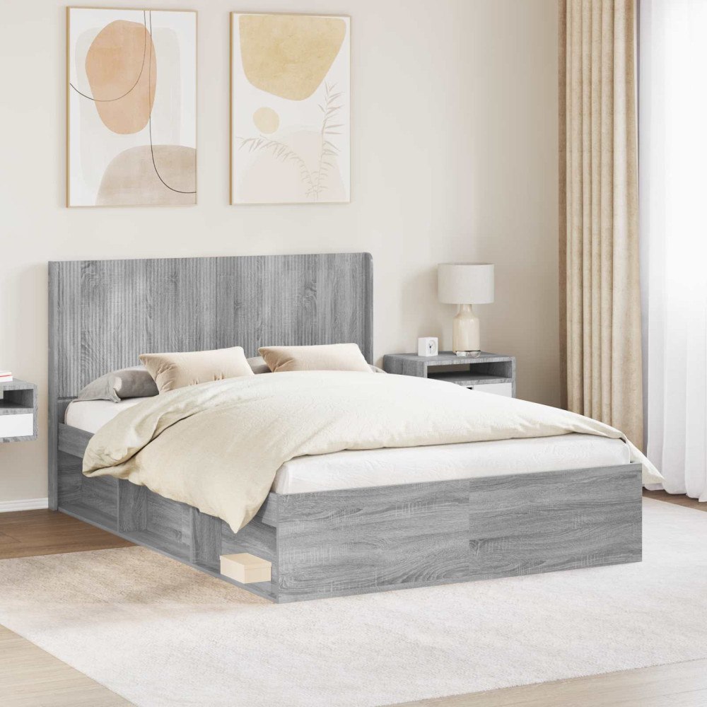 vidaXL Sängram med förvaring och huvudgavel Grå sonoma-ek 135 x 190 cm