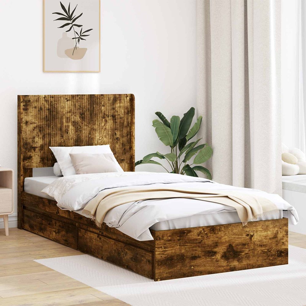 vidaXL Sängram med förvaring och huvudgavel Rökt ek 75 x 190 cm