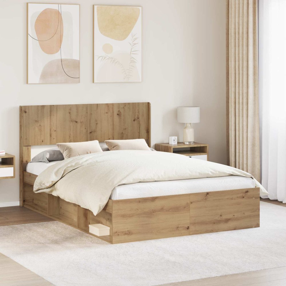 vidaXL Sängram med förvaring och huvudgavel Artisan-ek 150 x 200 cm
