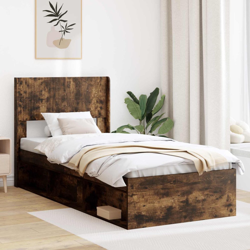 vidaXL Sängram med förvaring och huvudgavel Rökt ek 75 x 190 cm