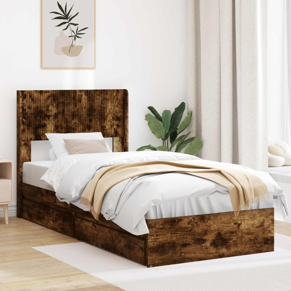 vidaXL Sängram med förvaring och huvudgavel Rökt ek 100 x 200 cm