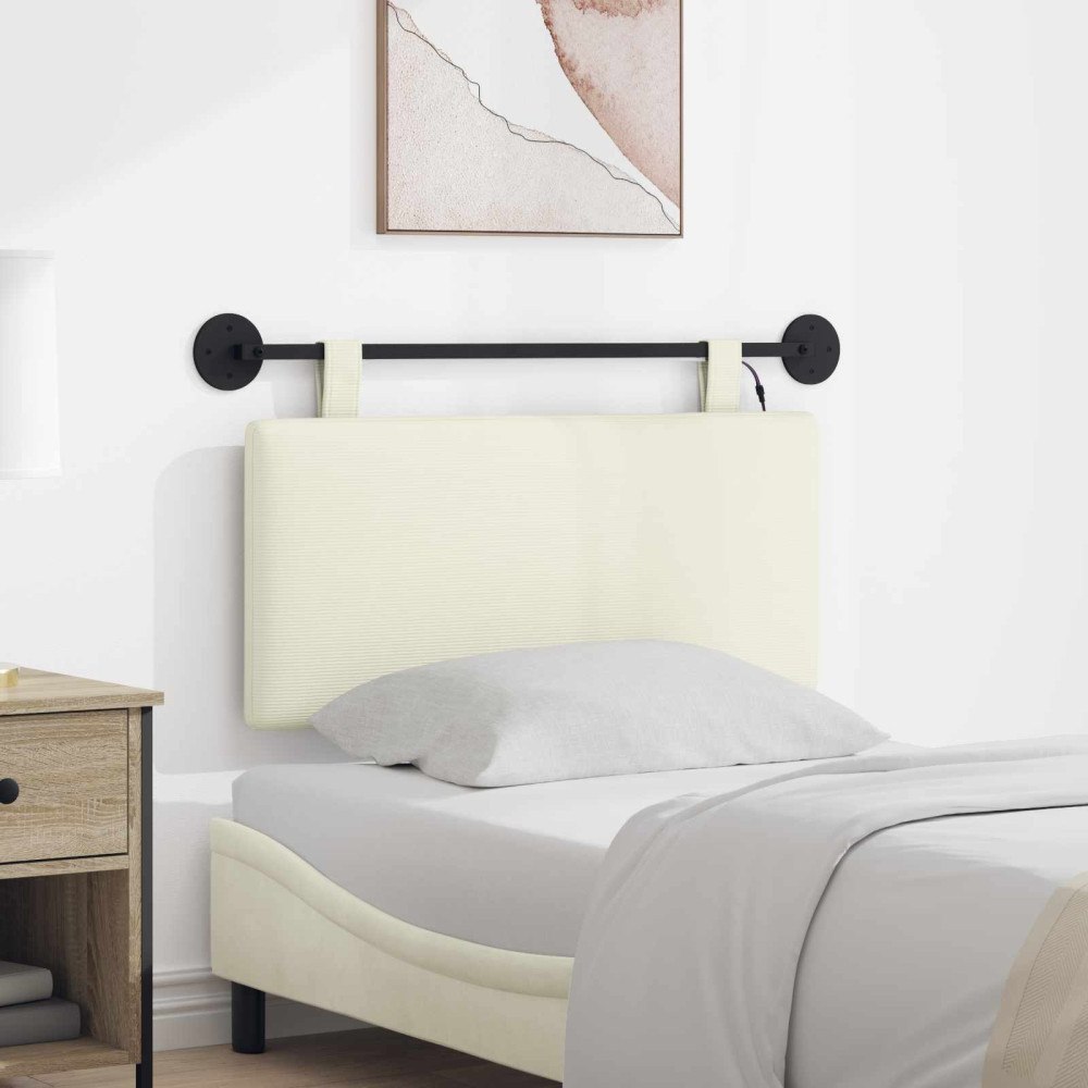 vidaXL Hängande sänggavel Med LED-lampa Gräddvit Kordread tyg