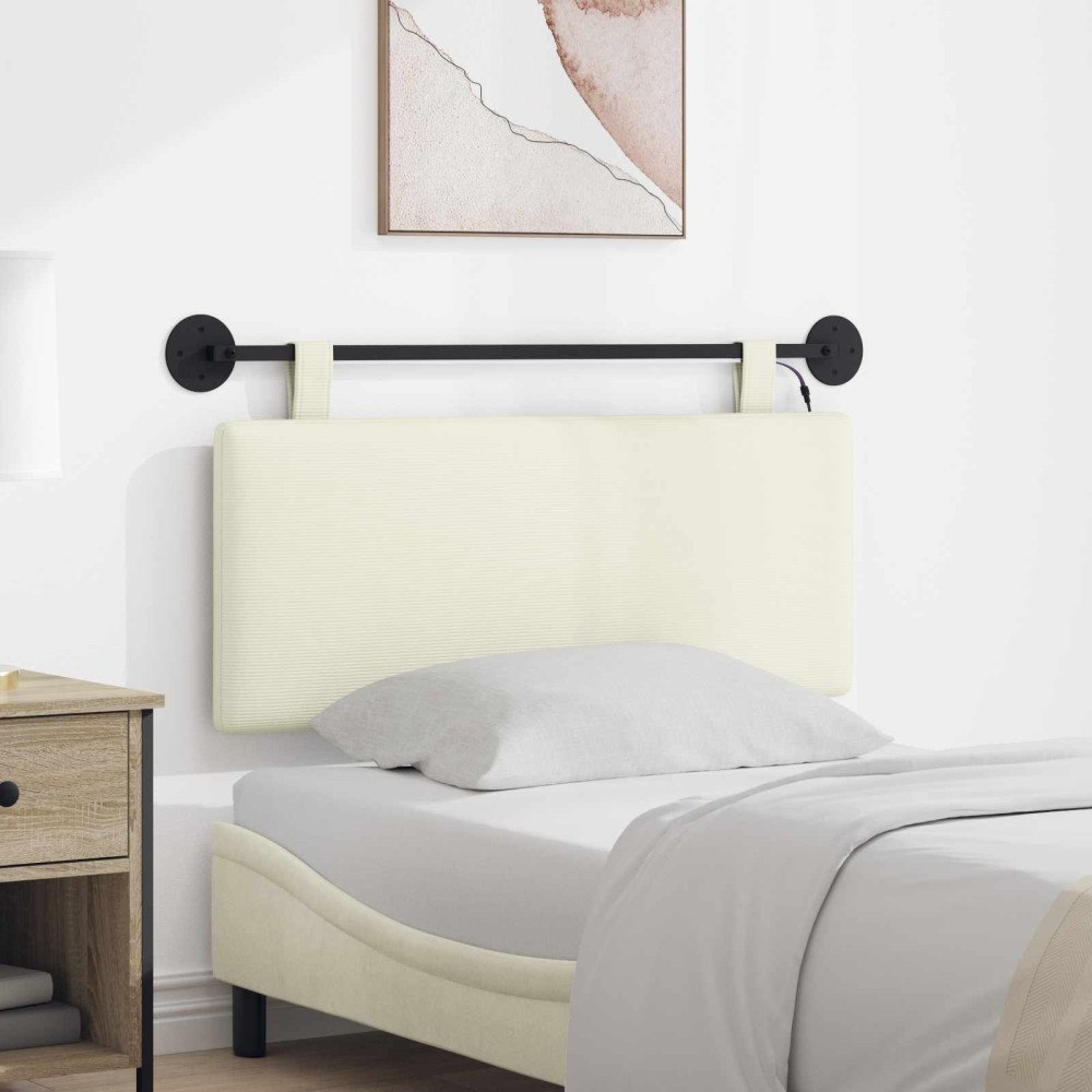vidaXL Hängande sänggavel Med LED-lampa Gräddvit Kordread tyg