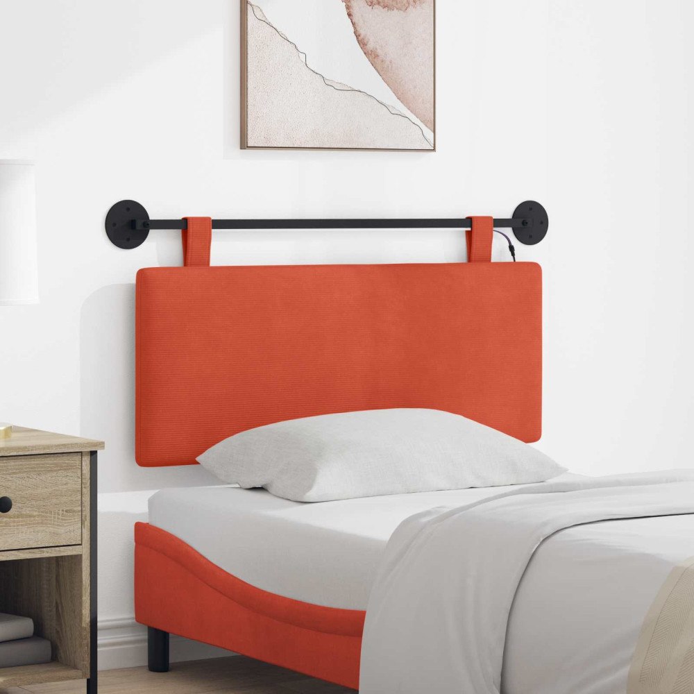 vidaXL Hängande sänggavel Med LED-lampa Röd orange Kordread tyg