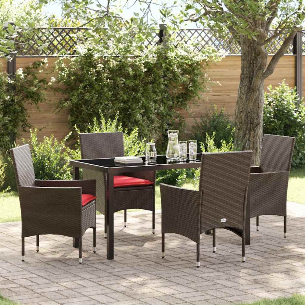 vidaXL Bord- och stolset med kudde 5 pcs Brun PE Rattan
