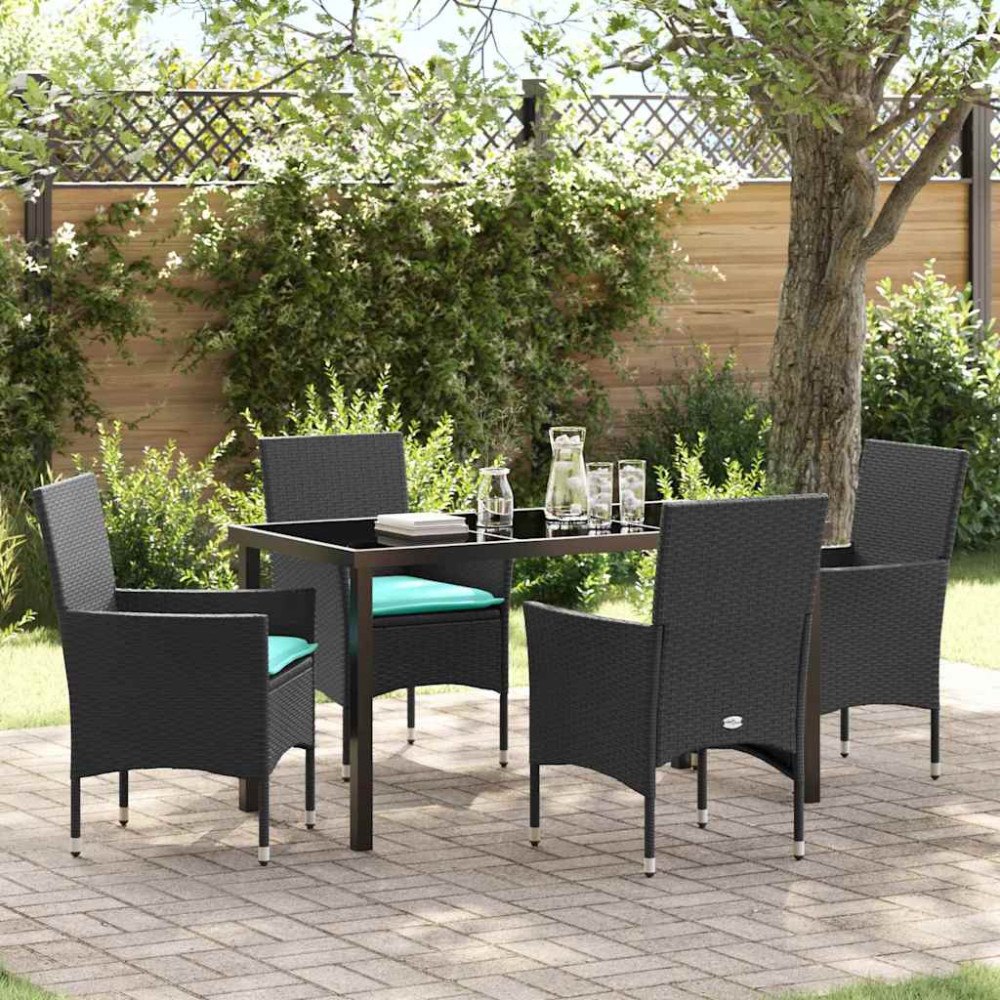 vidaXL Bord- och stolset med kudde 5 pcs Svart PE Rattan