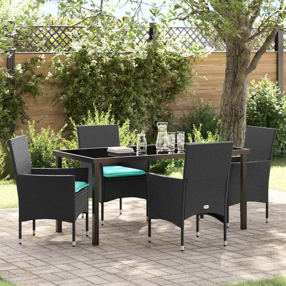 vidaXL Bord- och stolset med kudde 5 pcs Svart PE Rattan