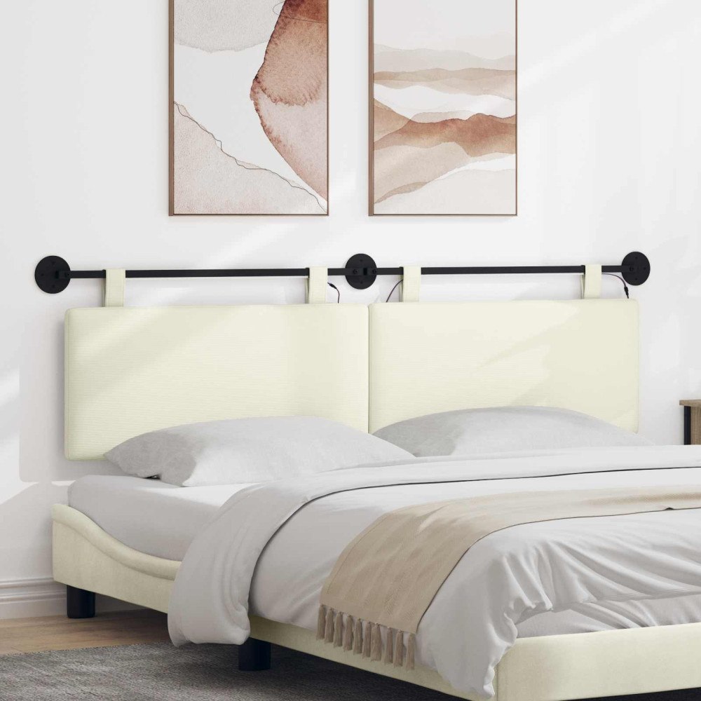 vidaXL Hängande sänggavel Med LED-lampa Gräddvit Kordread tyg