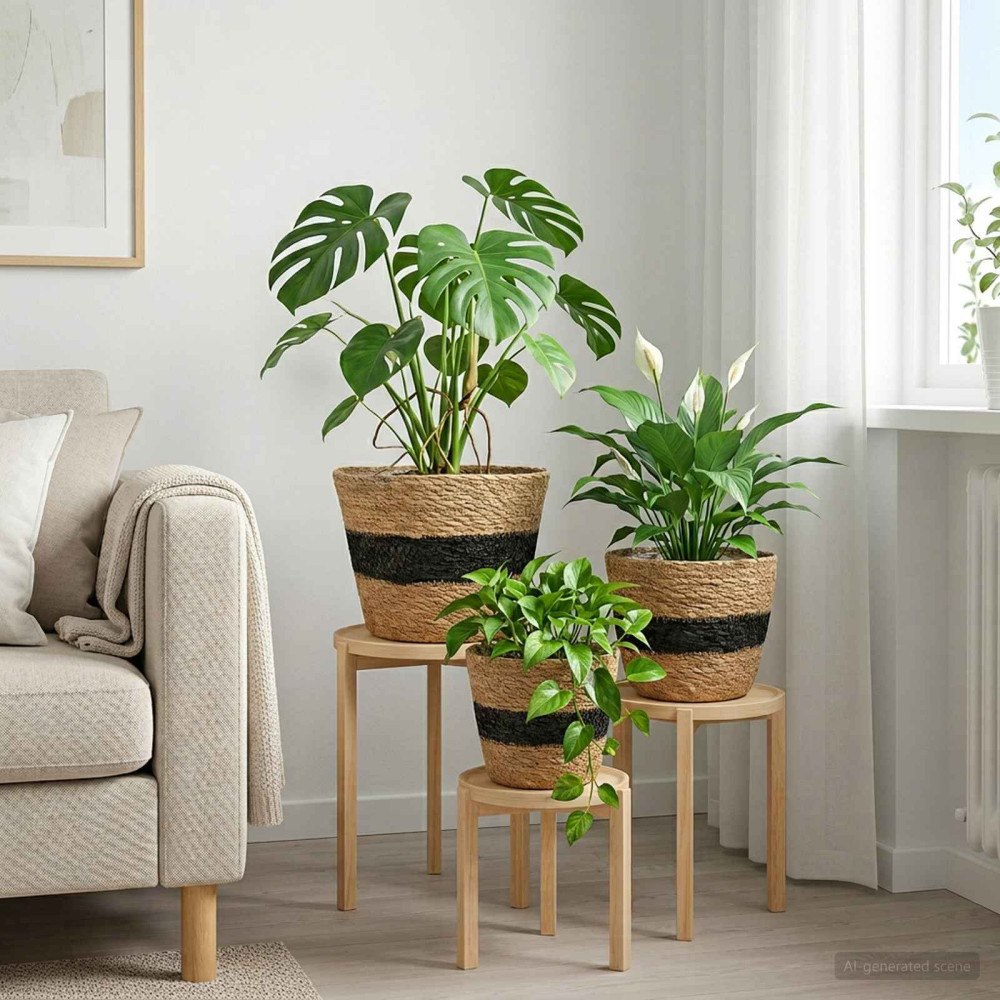 vidaXL Sjögräs Växtkorgar 3 pcs Naturlig och svart Ø26 x 19 cm