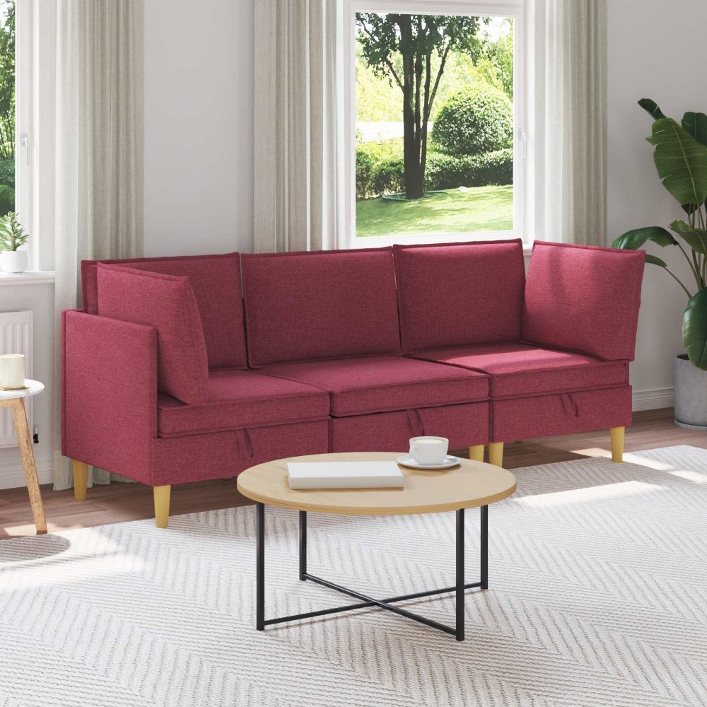 vidaXL Modulsoffor med förvaring 3 pcs Vinröd Tyg