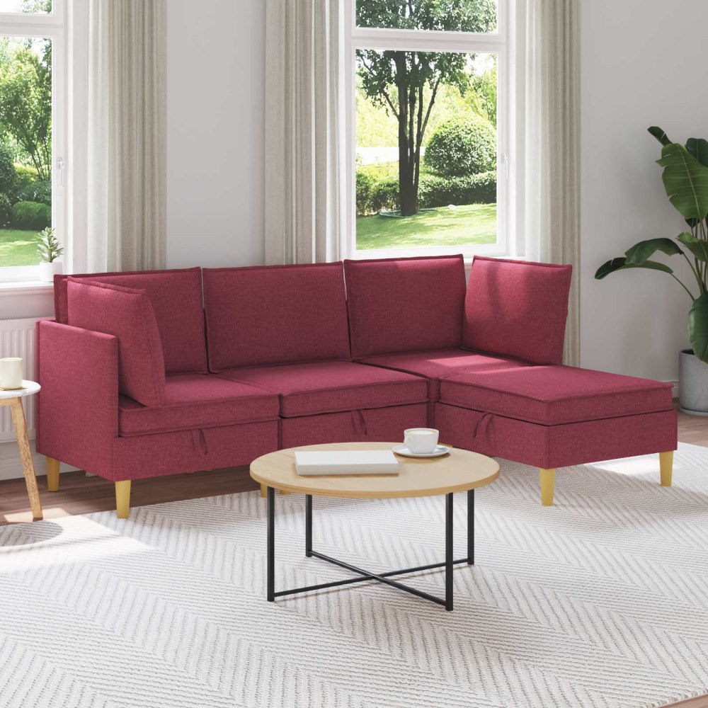 vidaXL Modulsoffor med förvaring 4 pcs Vinröd Tyg