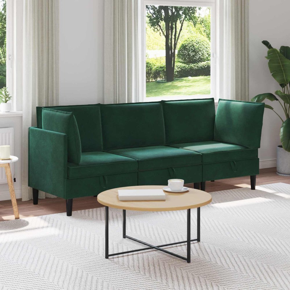 vidaXL Möbelset för vardagsrummet med kudde 3 pcs Mörkgrön Sammet