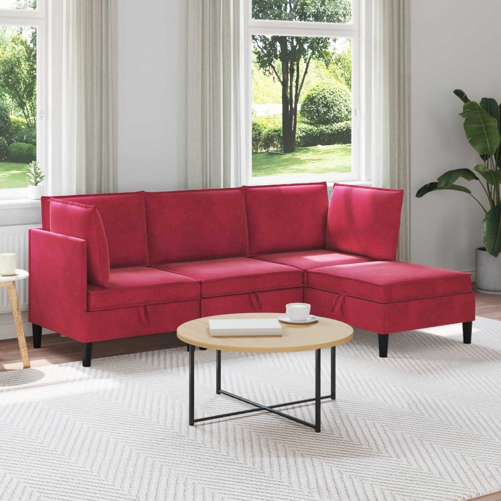 vidaXL Möbelset för vardagsrummet med kudde 4 pcs Vinröd Sammet