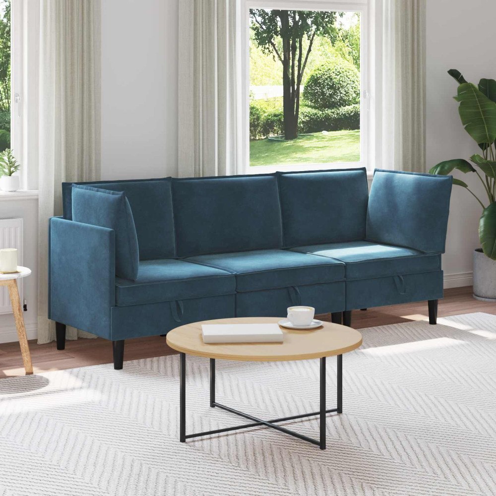 vidaXL Möbelset för vardagsrummet med kudde 3 pcs Blå Sammet