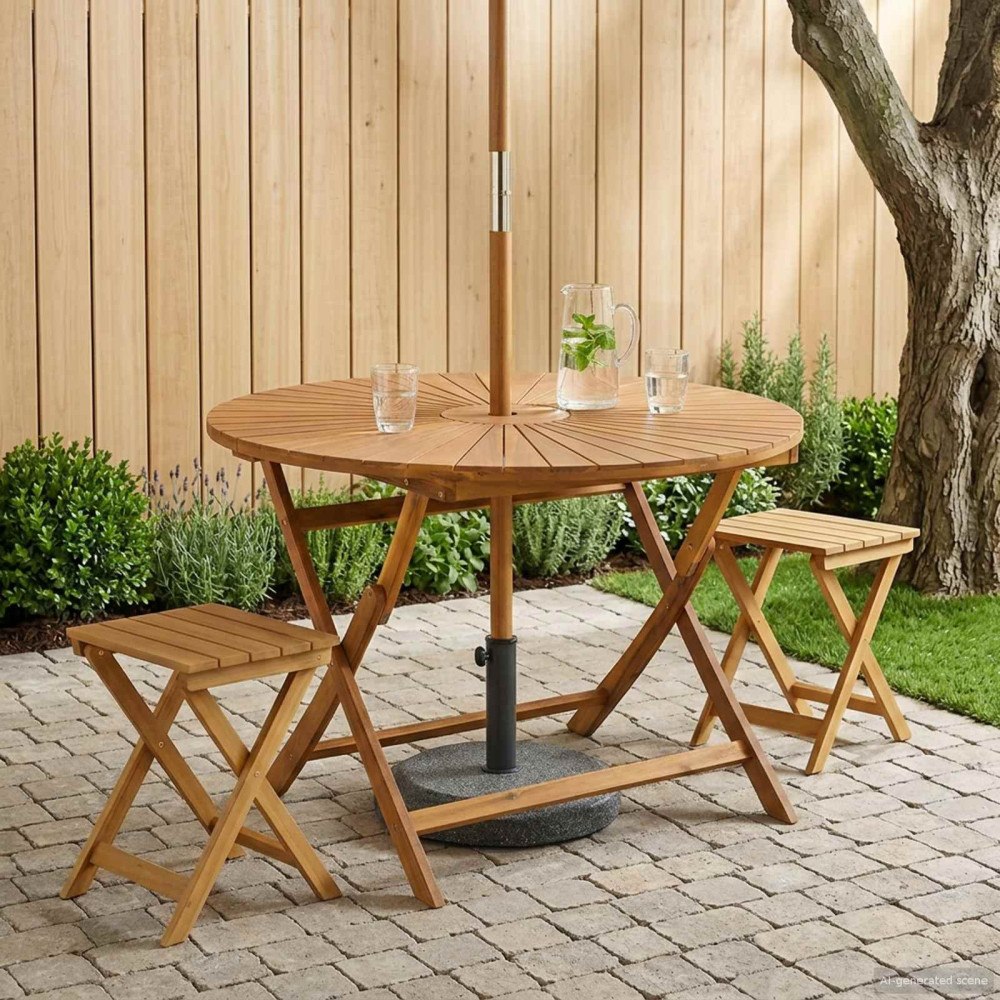 vidaXL Hopfällbart trädgårdsbord Naturlig Ø110 x 75 cm
