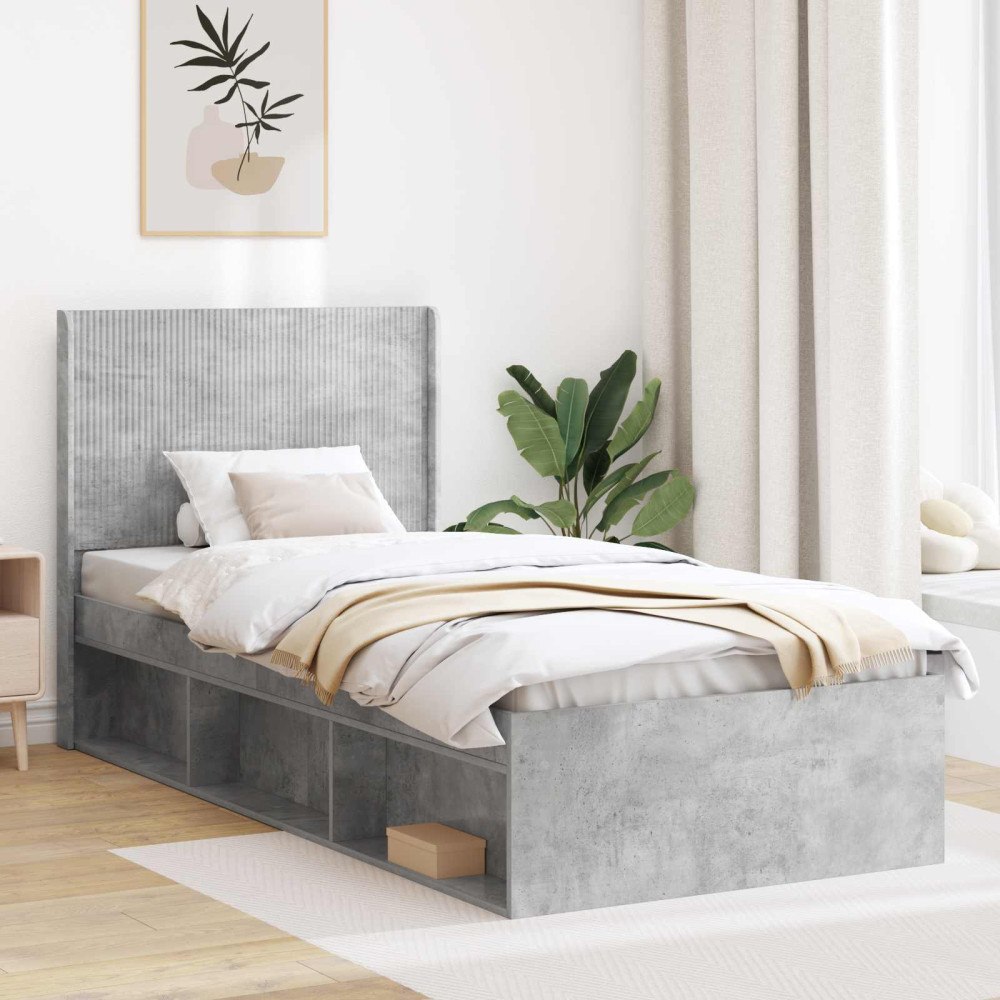 vidaXL Sängram med förvaring och huvudgavel Betonggrå 100 x 200 cm