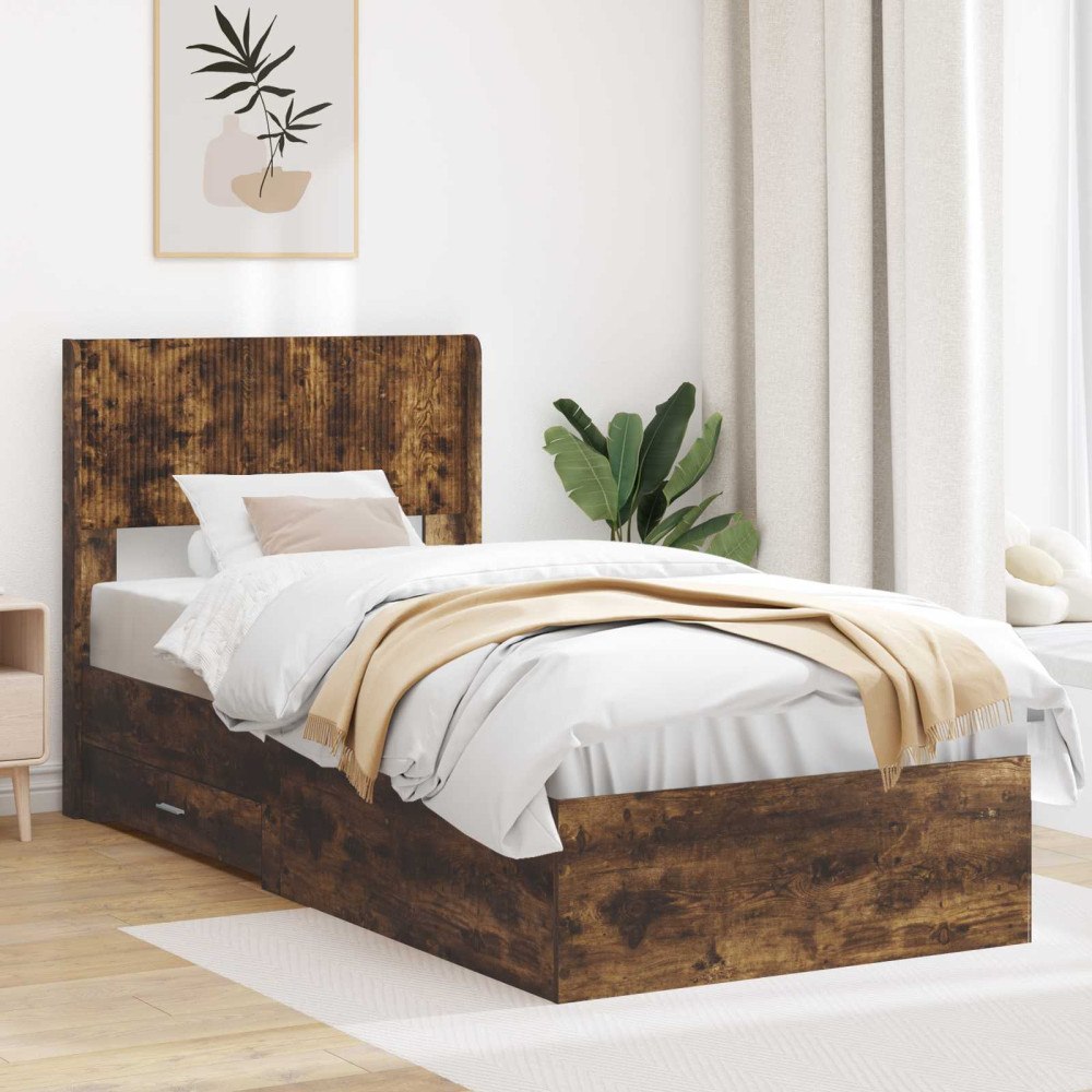 vidaXL Sängram med förvaring och huvudgavel Rökt ek 100 x 200 cm