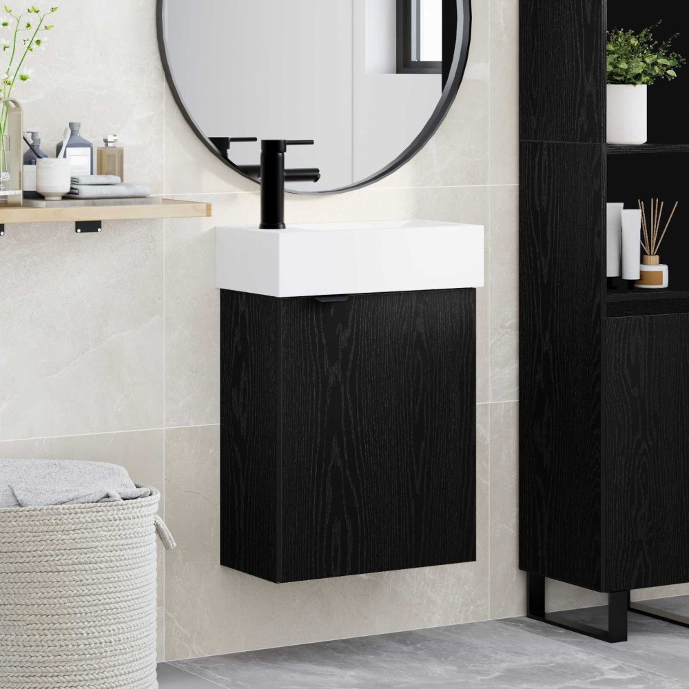vidaXL Badrumsspegel med kran Svart ek 45,5 x 22,5 x 84 cm