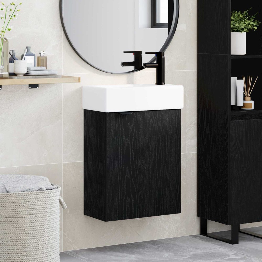 vidaXL Badrumsspegel med kran Svart ek 45,5 x 22,5 x 84 cm