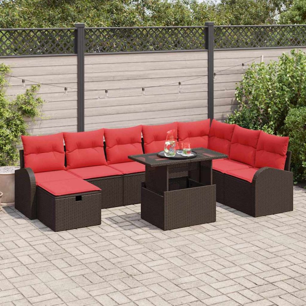vidaXL Trädgårdsoffset med kudde med lagring 9 pcs Brun Poly rattan