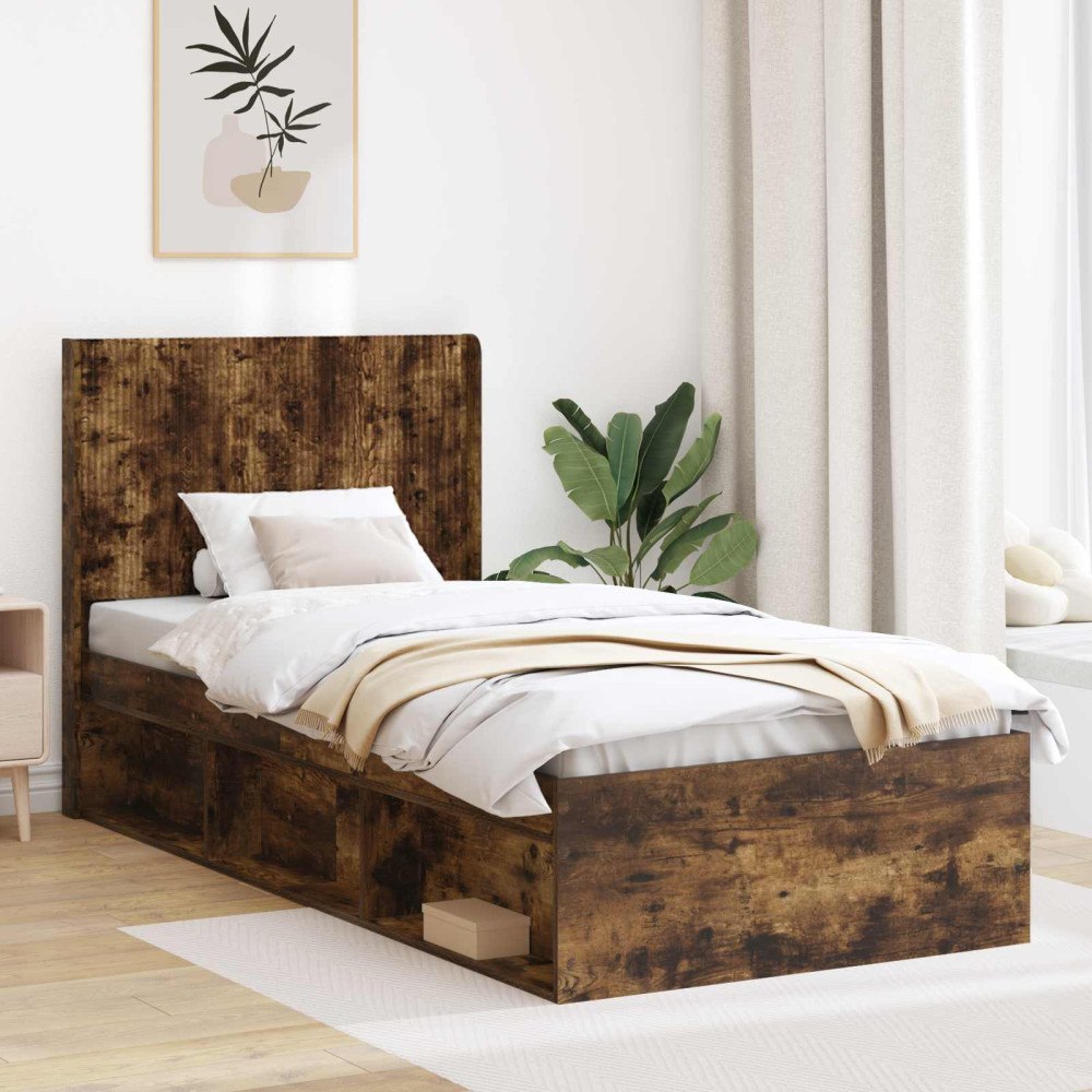 vidaXL Sängram med förvaring och huvudgavel Rökt ek 90 x 190 cm