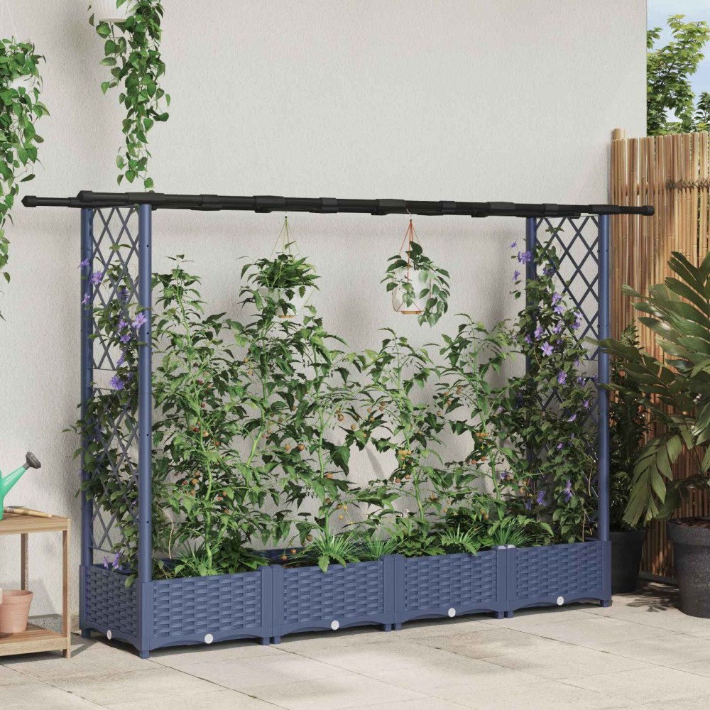 vidaXL Upphöjd Bädd med Spaljé och Tak Grå 203 x 40 x 121 cm PP